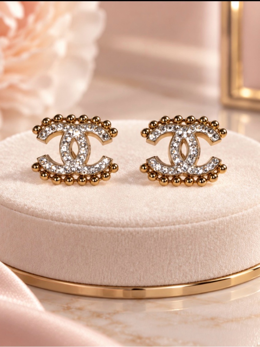 CC Crystal Logo Stud Earrings in Gold and White